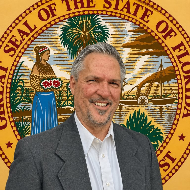 Man in gray blazer smiling in front of the Great Seal of the State of Florida